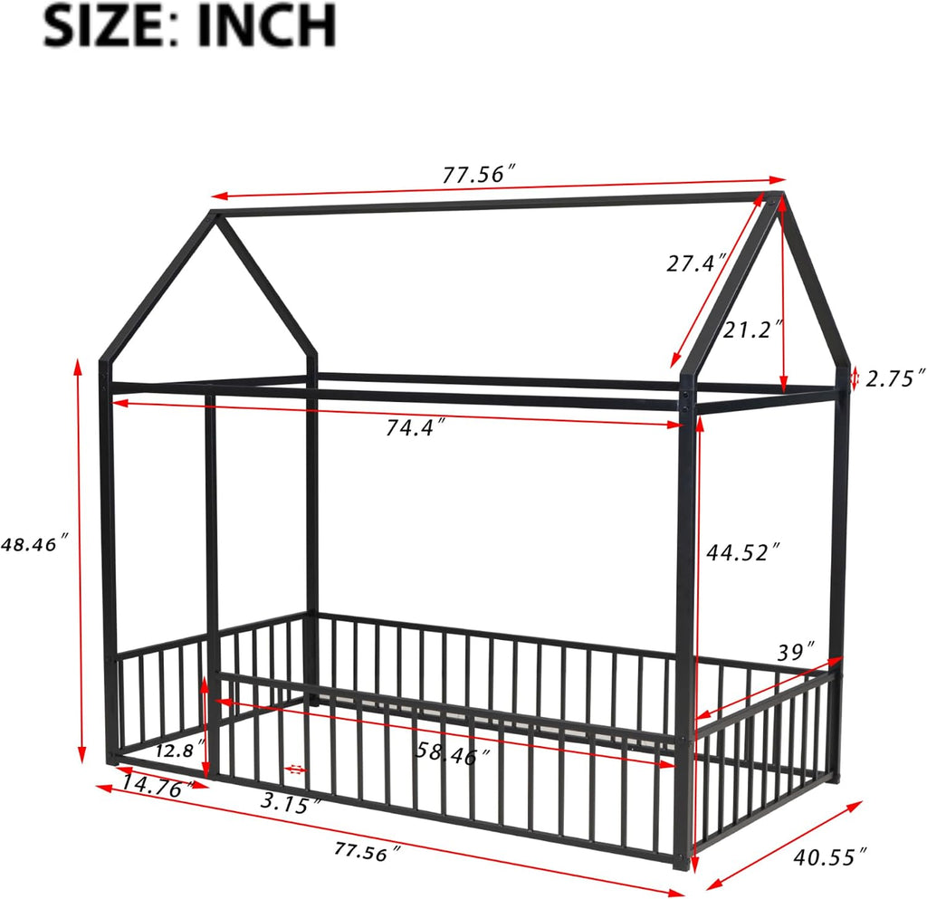 Bellemave Twin Size House Floor Montessori Bedframe with Rails and roof, Metal House Bed for Kids, Montessori Floor Beds for Kids, Black