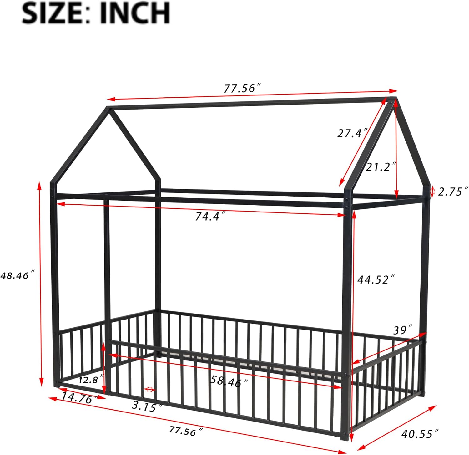 Bellemave Twin Size House Floor Montessori Bedframe with Rails and roof, Metal House Bed for Kids, Montessori Floor Beds for Kids, Black