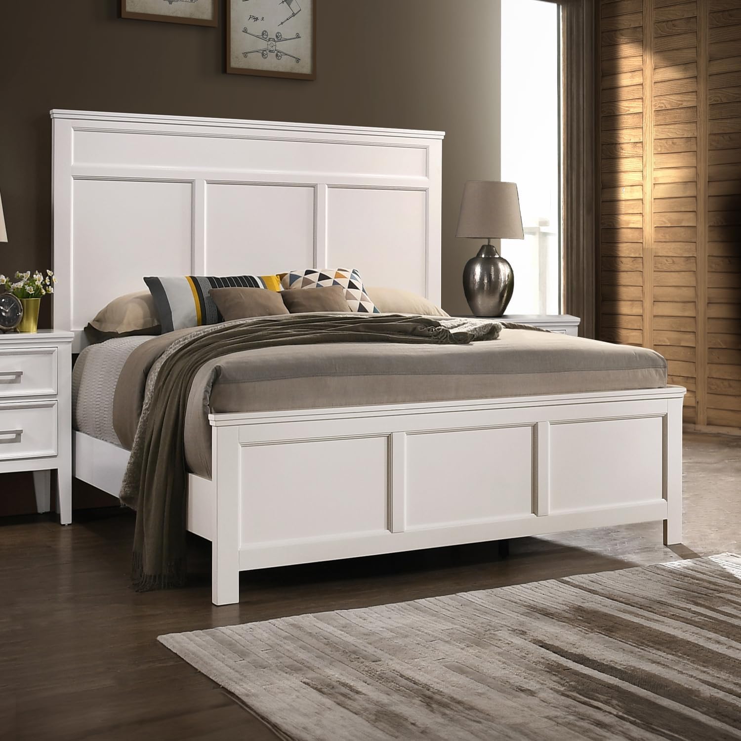 HomeStock Wood Panel Bed - White Finish - Bedroom Furniture with Headboard Queen