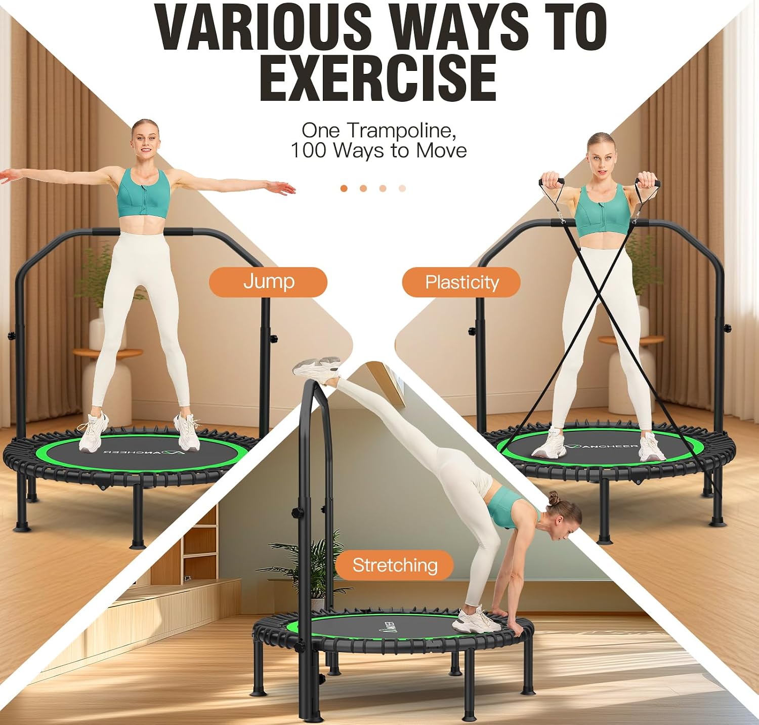 ANCHEER 40'/48' Foldable Mini Trampoline,Max Load 450lbs/550lbs Indoor Trampoline,with 4 Level Adjustable Foam Handle and Resistance Bands,Adult Exercise Trampoline for Home, Garden, and Gym