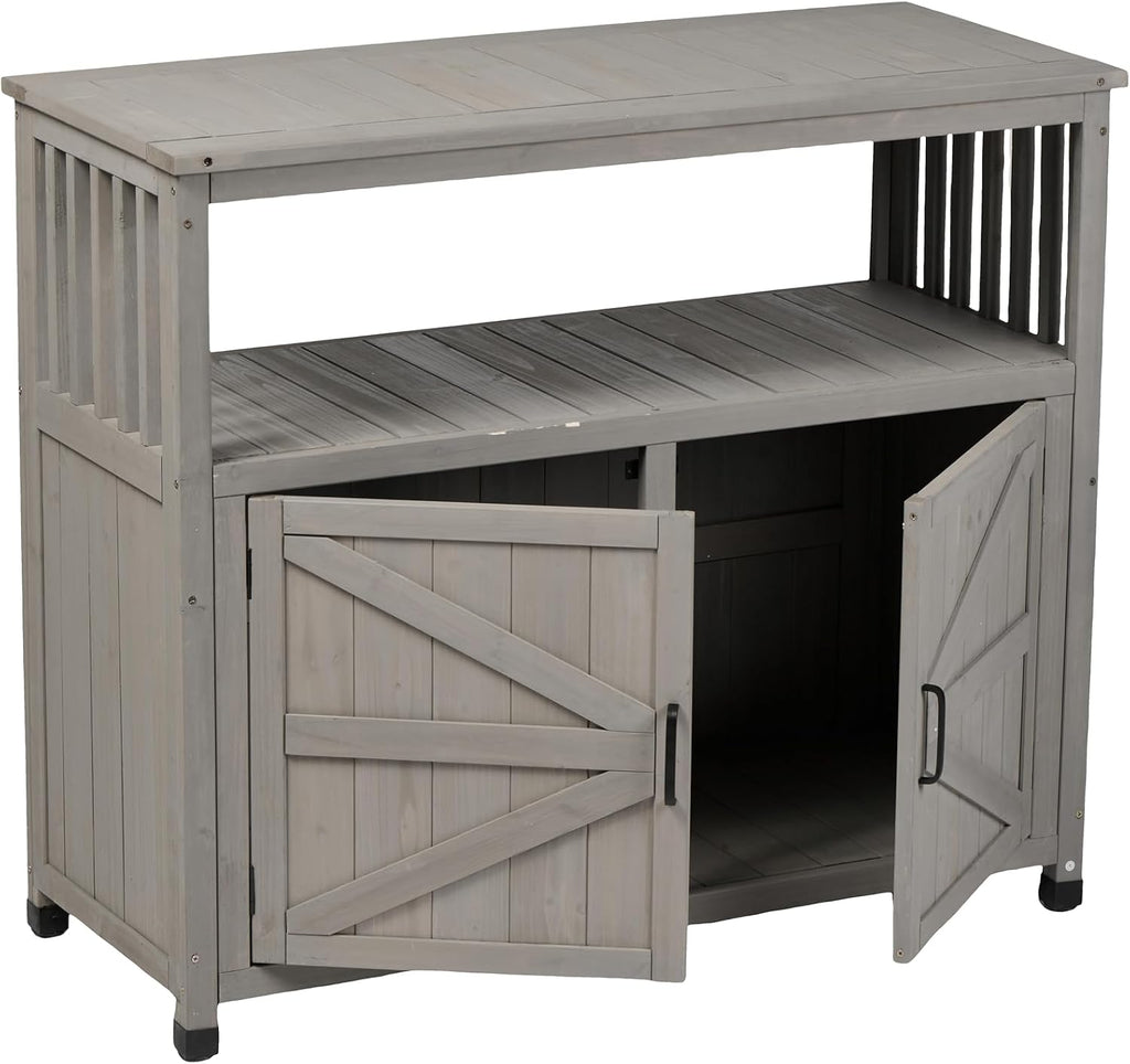 Wooden Potting Bench, Outdoor Patio Buffet Cabinet Sideboard with 2 Doors and 2 Open Shelves,Anti-Slip Foot Pads for Patio, Backyard, Garden