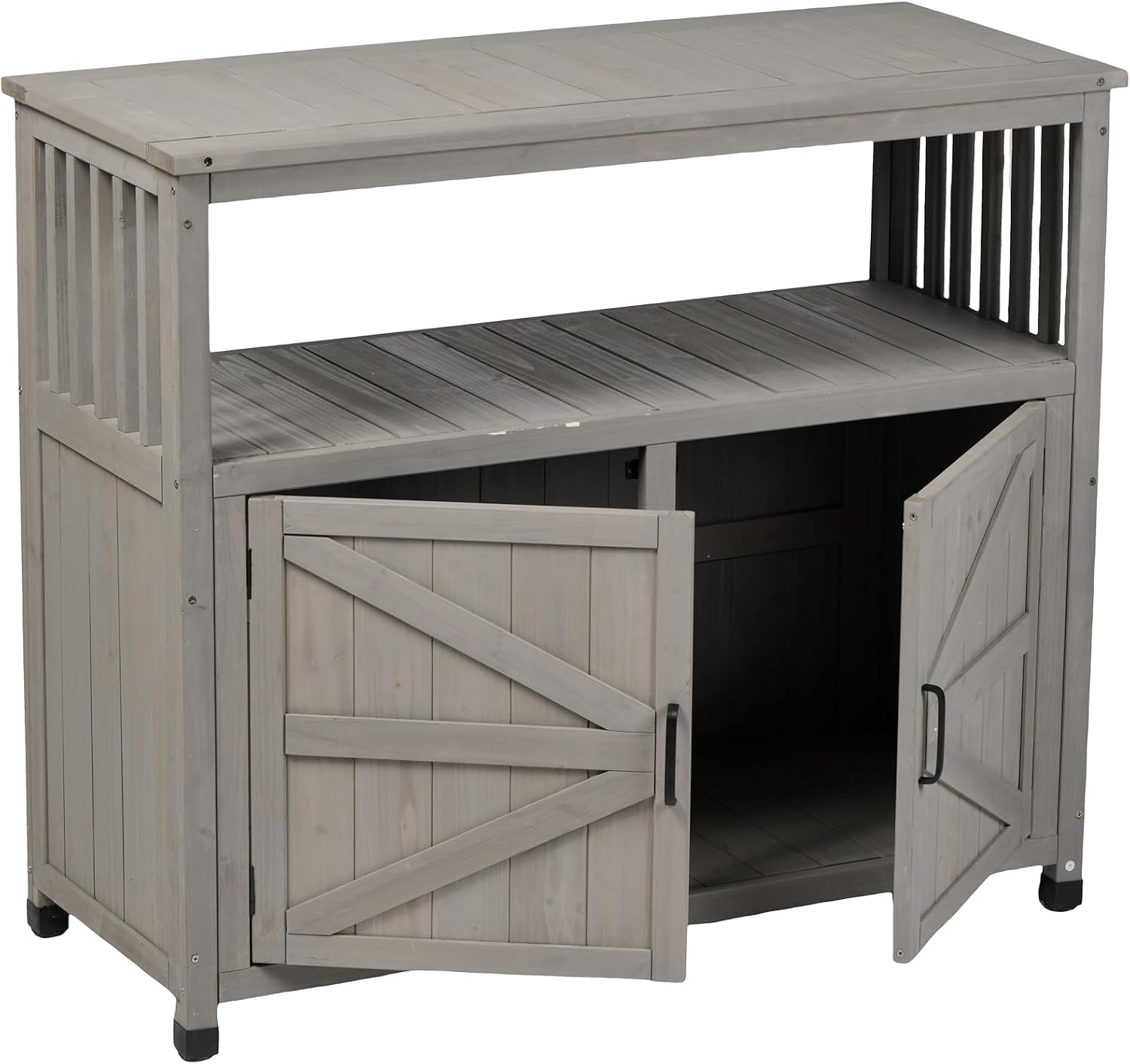 Wooden Potting Bench, Outdoor Patio Buffet Cabinet Sideboard with 2 Doors and 2 Open Shelves,Anti-Slip Foot Pads for Patio, Backyard, Garden