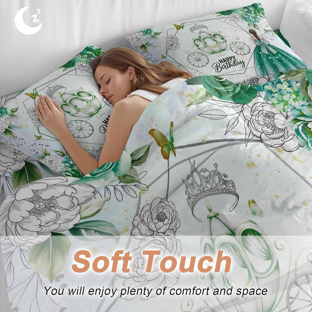 Happy Birthday Duvet Cover Set, Green Dress Crown Carriage Flowers Butterfly Soft Duvet Cover Full Size Bedding Set 4 Pieces, 1 Quiltcover and 2 Pillowcases with Zipper, 1 Bed Sheet for All Seasons