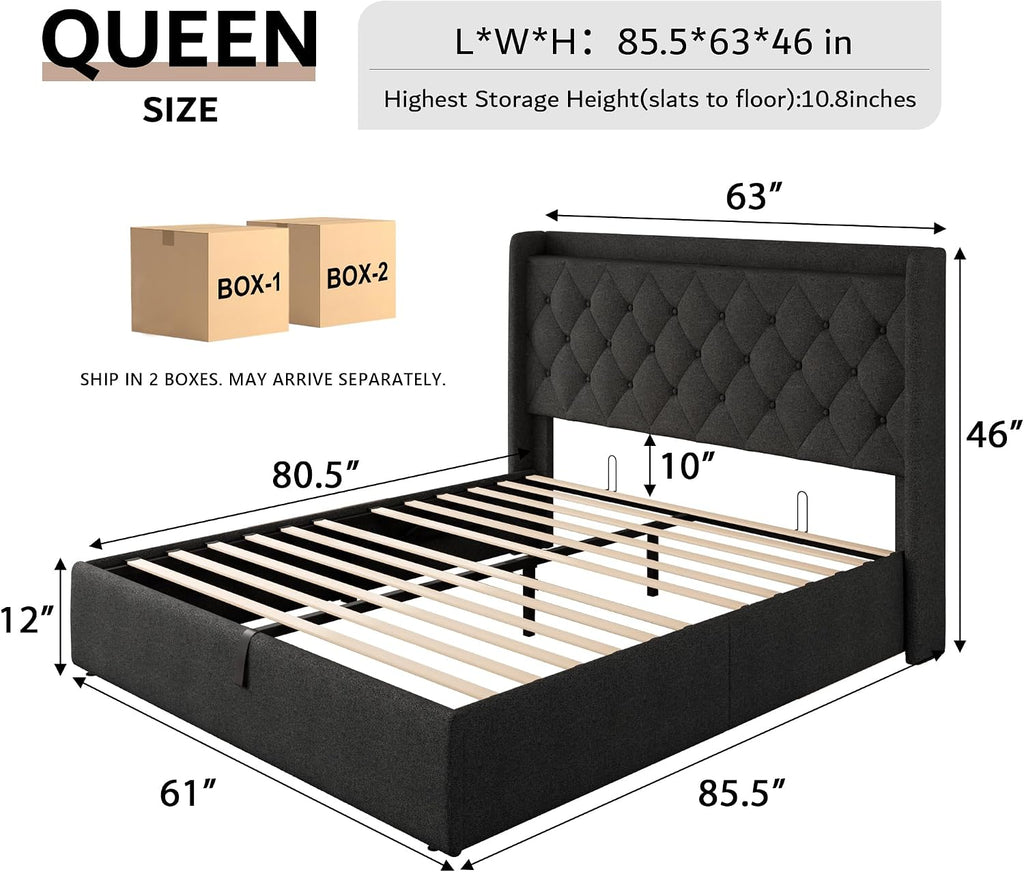 iPormis Queen Size Lift Up Storage Bed Frame with Charging Station, Upholstered Platform Bed Frame with Tufted Headboard, Hydraulic Storage, No Box Spring Needed, Noise-Free, Easy Assembly, Dark Grey