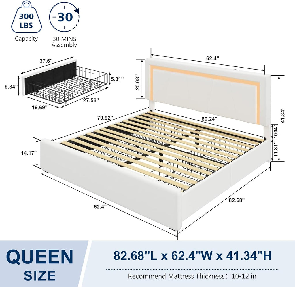 Queen Bed Frame with Adjustable Headboard, Upholstered Platform Bed with RGB LED Lights, 4 Storage Drawers & Charging Station (1 USB 1 Type-C), PU Leather Headboard, Noise-Free, No Box Spring Needed
