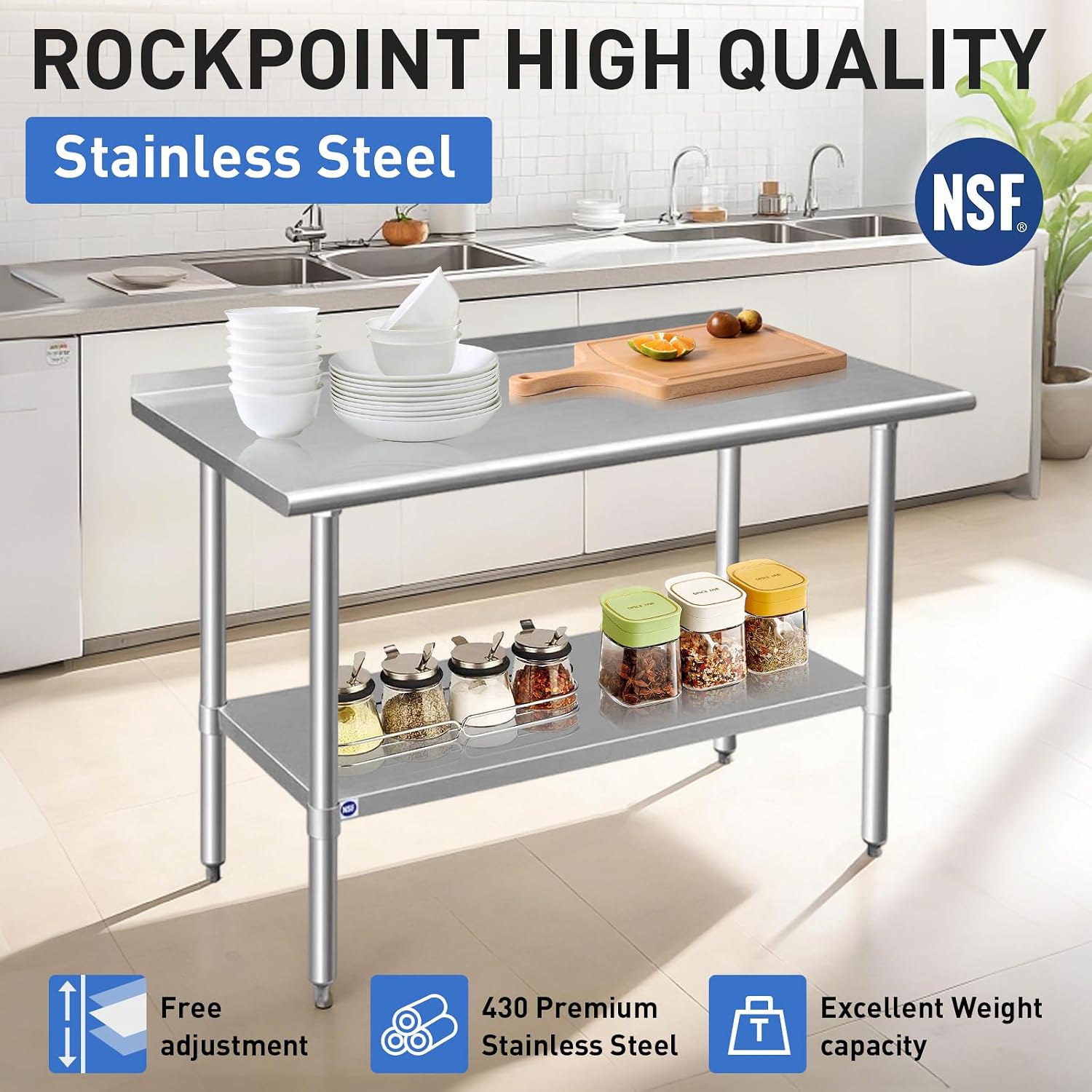 ROCKPOINT Stainless Steel Prep & Work with Backsplash 30x30 Inches, NSF Metal Commercial Kitchen Heavy Duty Table with Undershelf for Restaurant, Home and Hotel