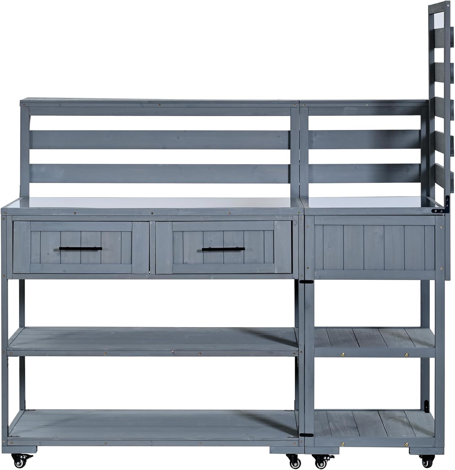 Outdoor Kitchen Island with Stainless Steel Top, 62 in | Fir wood, stainless steel top, raised shelf, modular 2-cart design, lockable wheels, BBQ prep, 62.3 W x 28.6 D x 65 H in
