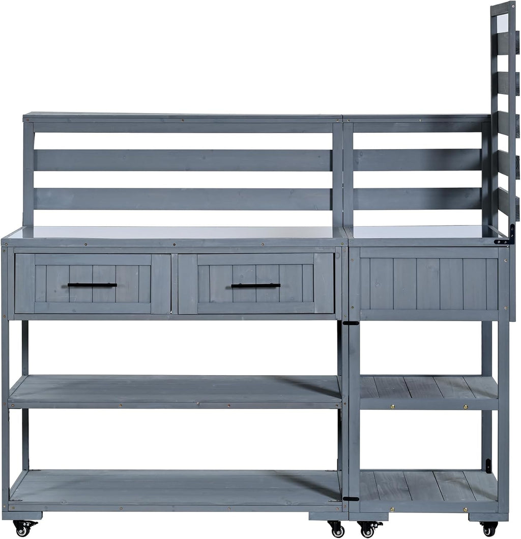 62.3'' Patio Kitchen Island Cart with Stainless Table Top,Solid Wood Garden Potting Bench with Raised Shelf and Drawers, Grill Prep Table for BBQ, Party (Gray-E)