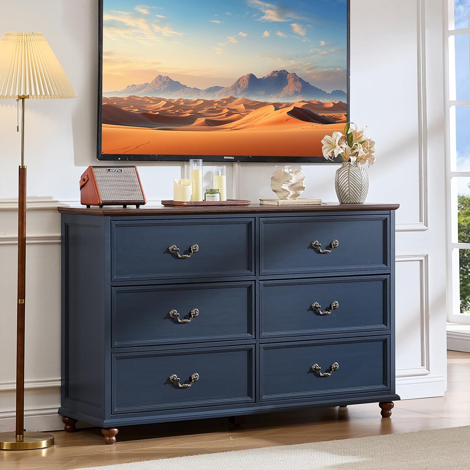 Joaxswe Farmhouse 6 Drawers Dresser for Bedroom, Vintage 54' Wide Chest of Drawers w/ 4 Wooden Legs, Rustic Large Closet Storage Dressers Organizer for Hallway, Wood TV Stand for Living Room, Blue