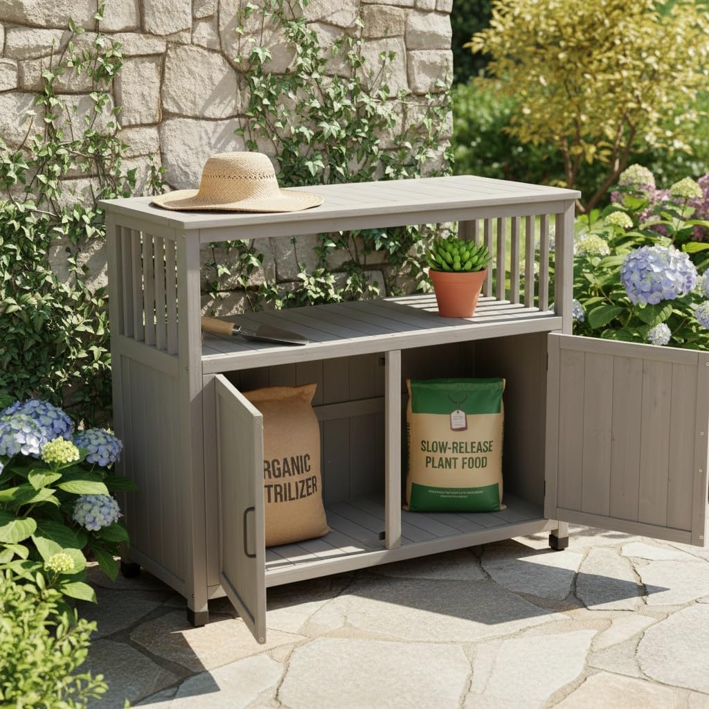48' Potting Bench with Storage Cabinet, Solid Wood Garden Work Bench, Outdoor Prep Table & Potting Station for Patio, Backyard & BBQ, Grey