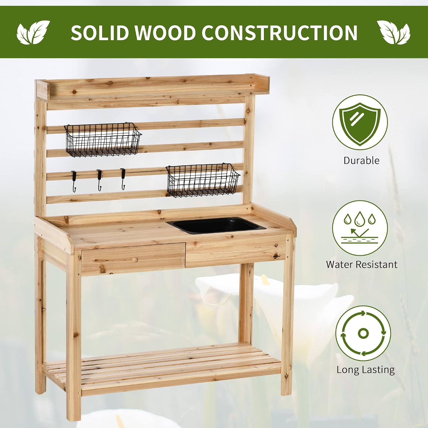 GOWE Potting Bench Table, Garden Work Bench, Workstation with Metal Sieve Screen, Removable Sink, Additional Hooks and Baskets for Patio, Courtyards, Balcony, Natural