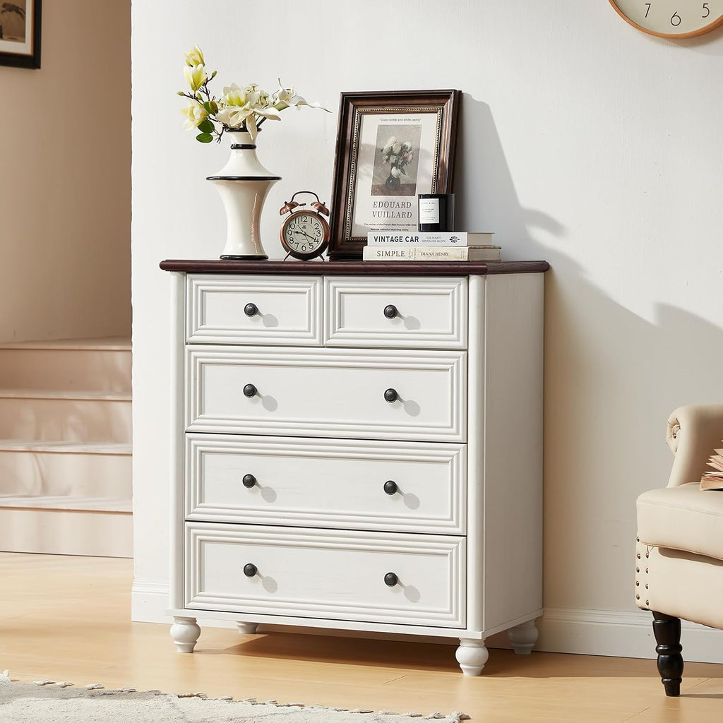 RWYHG Farmhouse 5 Drawer Dresser for Bedroom, 35.5' Tall Small Dressers & Chest of Drawers, Rustic Wood Dresser with Roman Column, Storage Organizer for Living Room, Hallway, Closet (White)