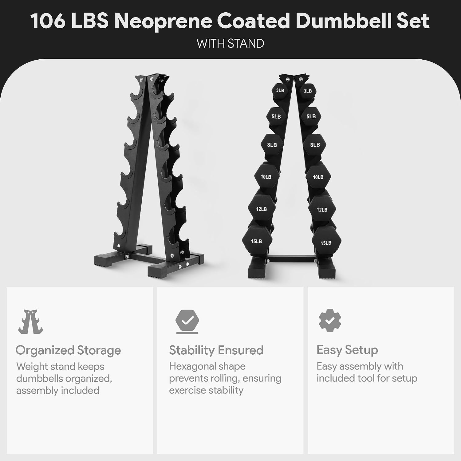 BalanceFrom Neoprene Coated Iron Dumbbell Hex Weights Set with Stand – Color-Coded or Black Options with Non-Slip Grip for Strength Training, Resistance Workouts, and Home Gym Fitness