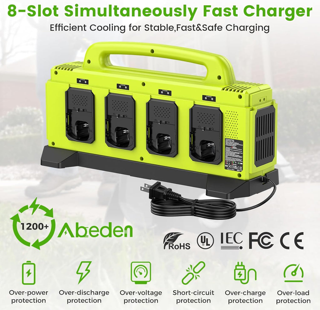 8-Port Charger for Ryobi 18V Battery, Simultaneous Fast Charging Station | Charge up to 8 Ryobi One+ batteries simultaneously with smart cooling, LED status indicators, and portable carry handle.