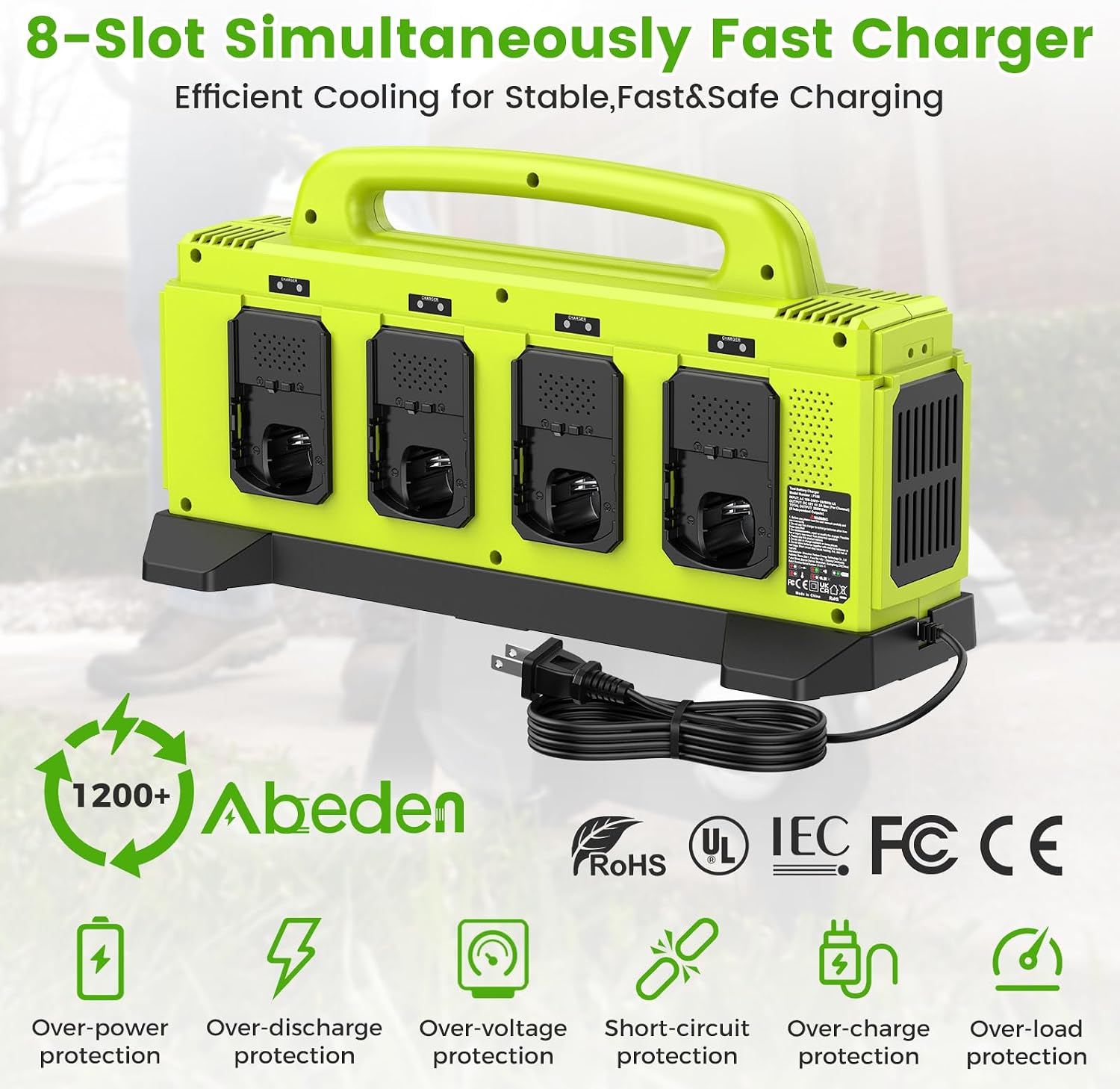 8-Port Charger for Ryobi 18V Battery, Simultaneous Fast Charging Station | Charge up to 8 Ryobi One+ batteries simultaneously with smart cooling, LED status indicators, and portable carry handle.