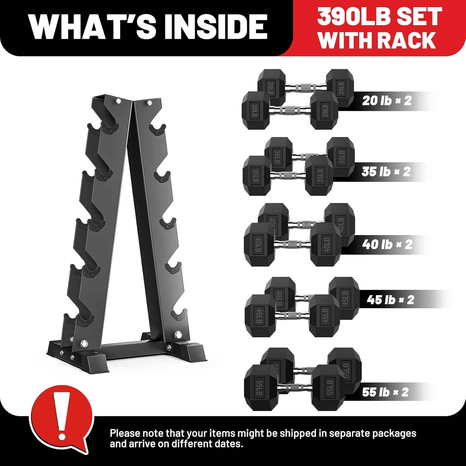 PAPABABE Hex Dumbbell Set with Rack, 85-560lb Rubber Encased Dumbbell Free Weights Dumbbells Set with Storage Rack, Hand Weights Set for Strength Training