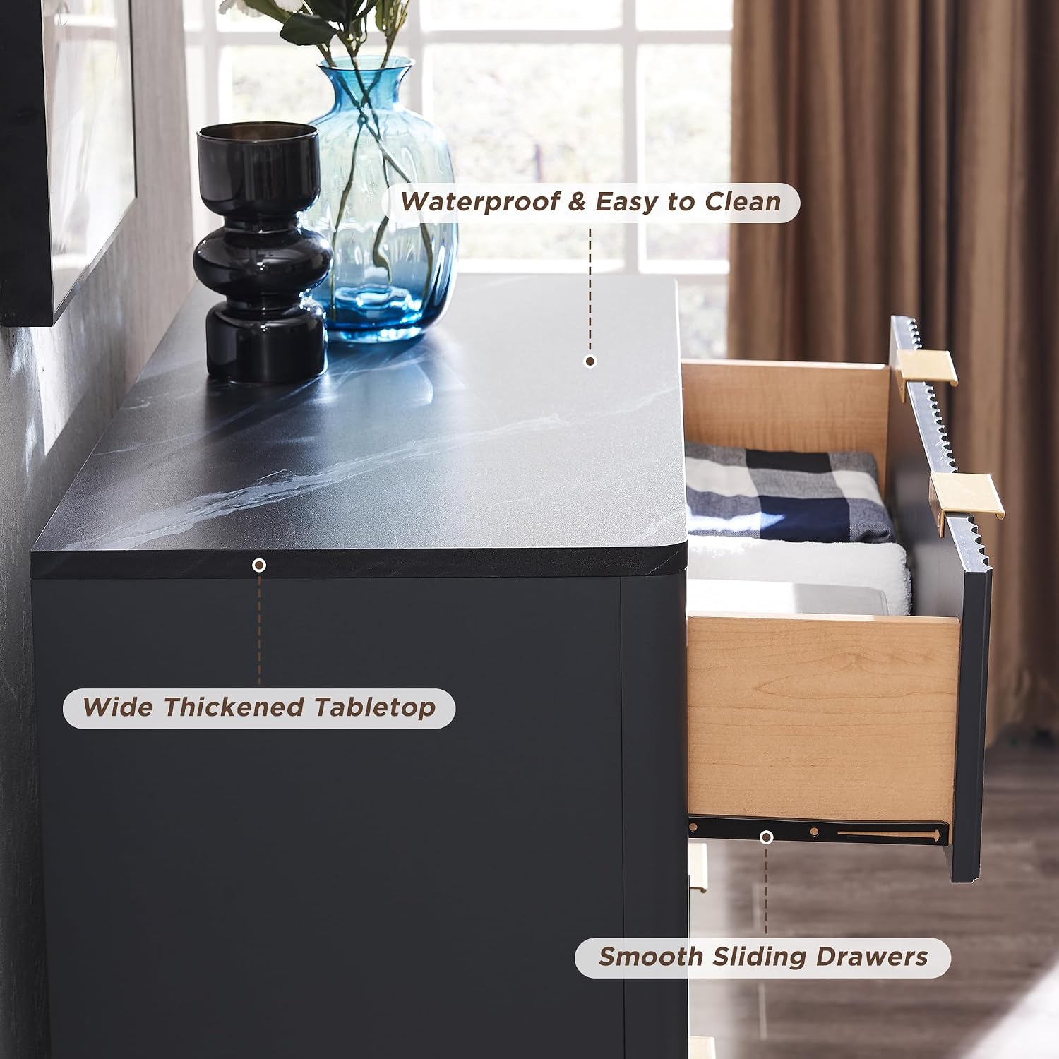 T4TREAM Fluted 5 Drawers Dresser, 48' Tall Modern Chest of Drawers with Faux Marble Top, Curved Profile Design, Wood Drawer Organizer for Bedroom, Living Room, Hallway, Entryway, Dark Grey