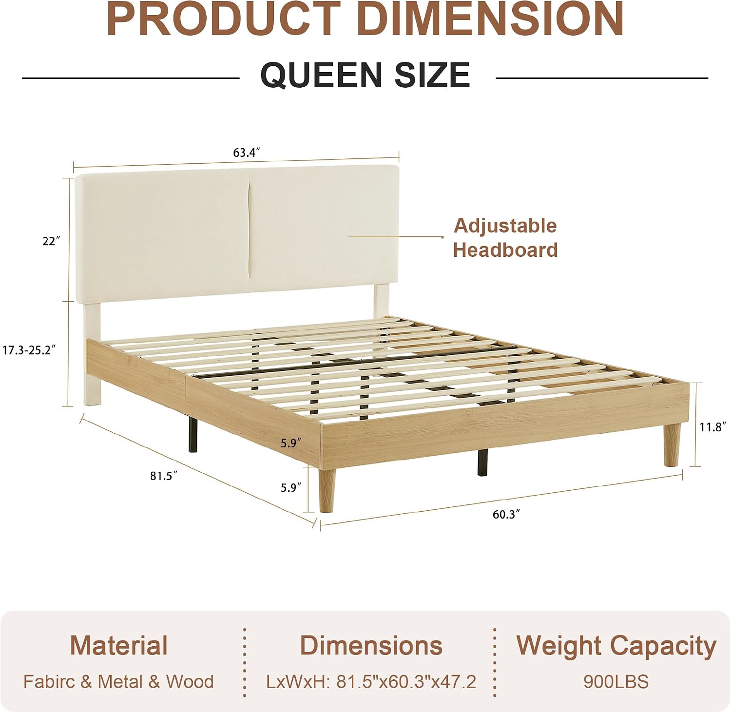 VECELO Queen Size Bed Frame Upholstered Platform Beds with Height-Adjustable Cotton and Linen Headboard, Heavy Duty Wood Slats, 6' Under-Bed Space, Noise-Free, No Box Spring Needed, Easy Assembly