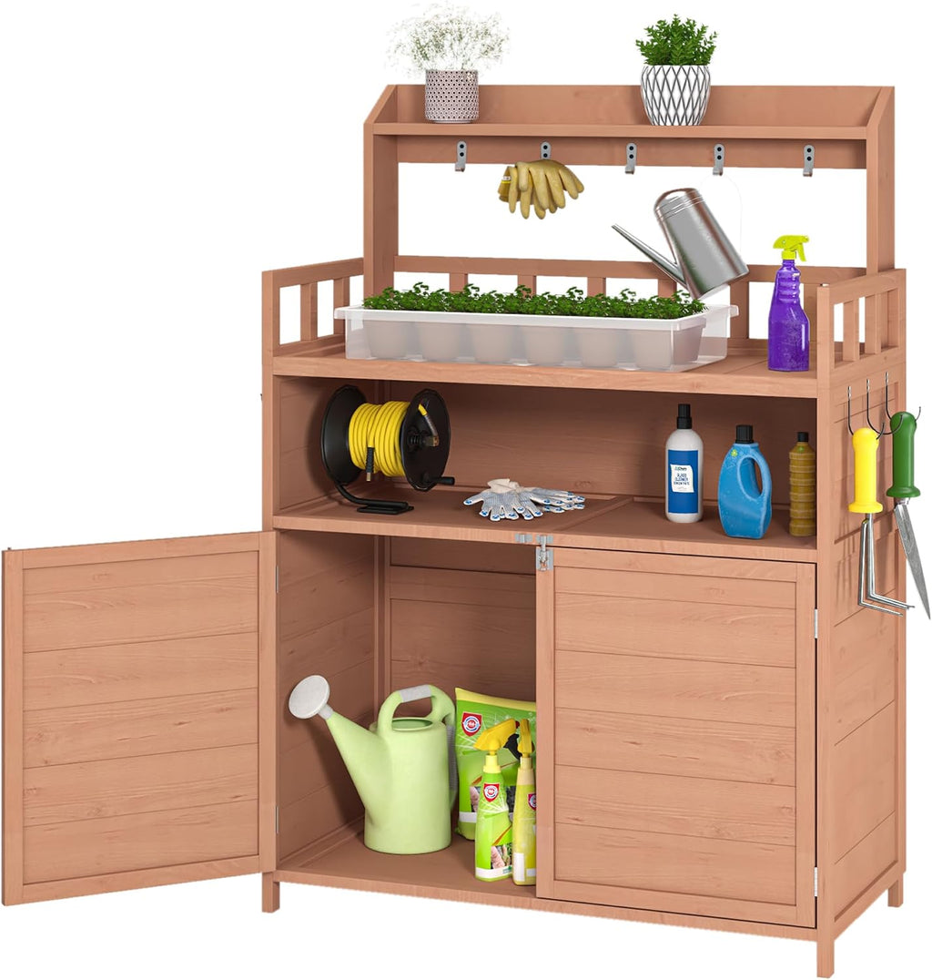 Linique Outdoor Potting Bench Wood Gardening Table with Storage Cabinet and Shelves, Garden Planting Workstation with Hooks for Planting and Patio Use