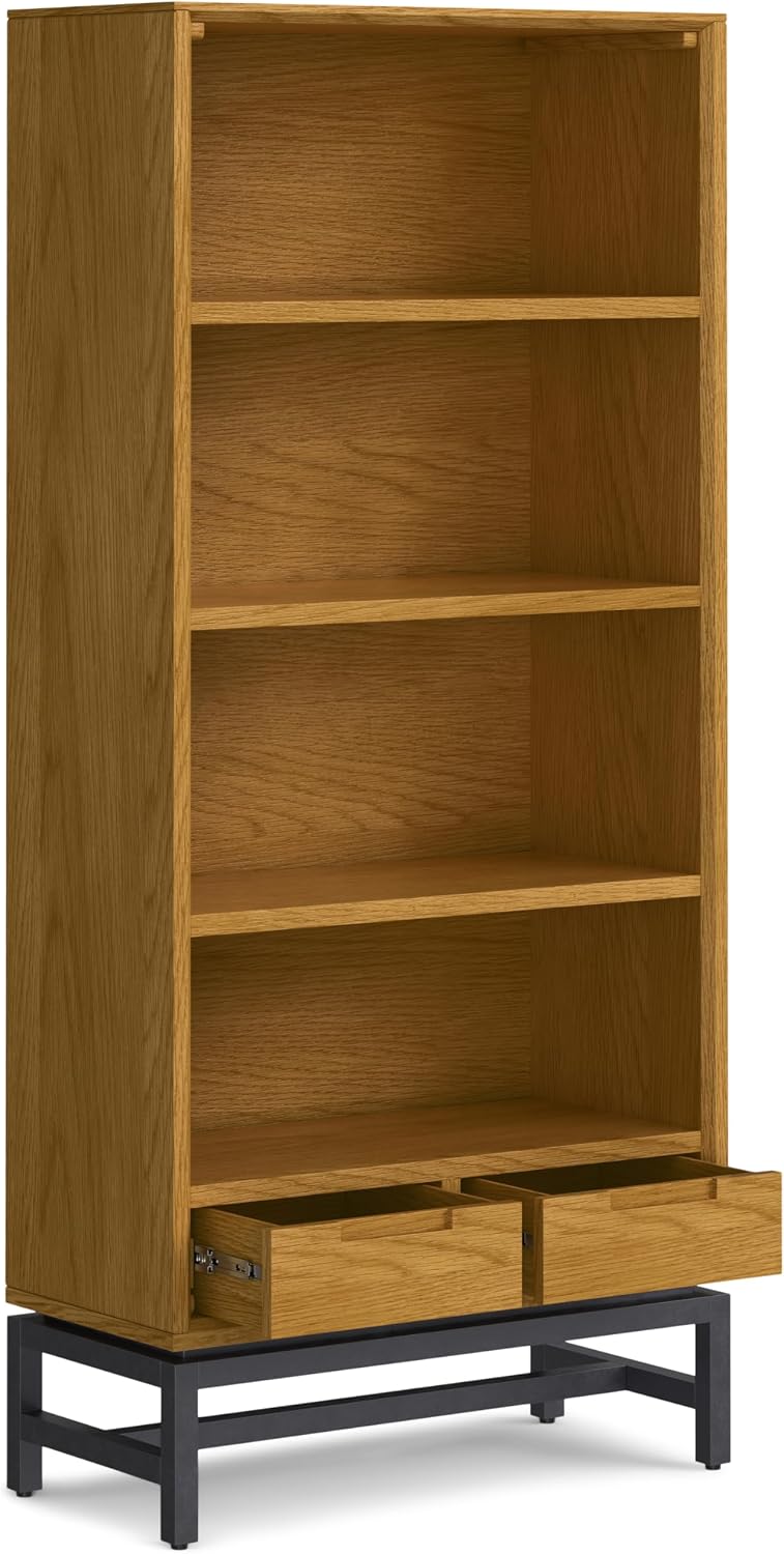 SIMPLIHOME Banting Bookcase - 66 inch Tall Solid Oak Veneer and Metal Bookshelf, Industrial Storage for Living Room, Study Room or Office with Open Shelves and Metal Frame