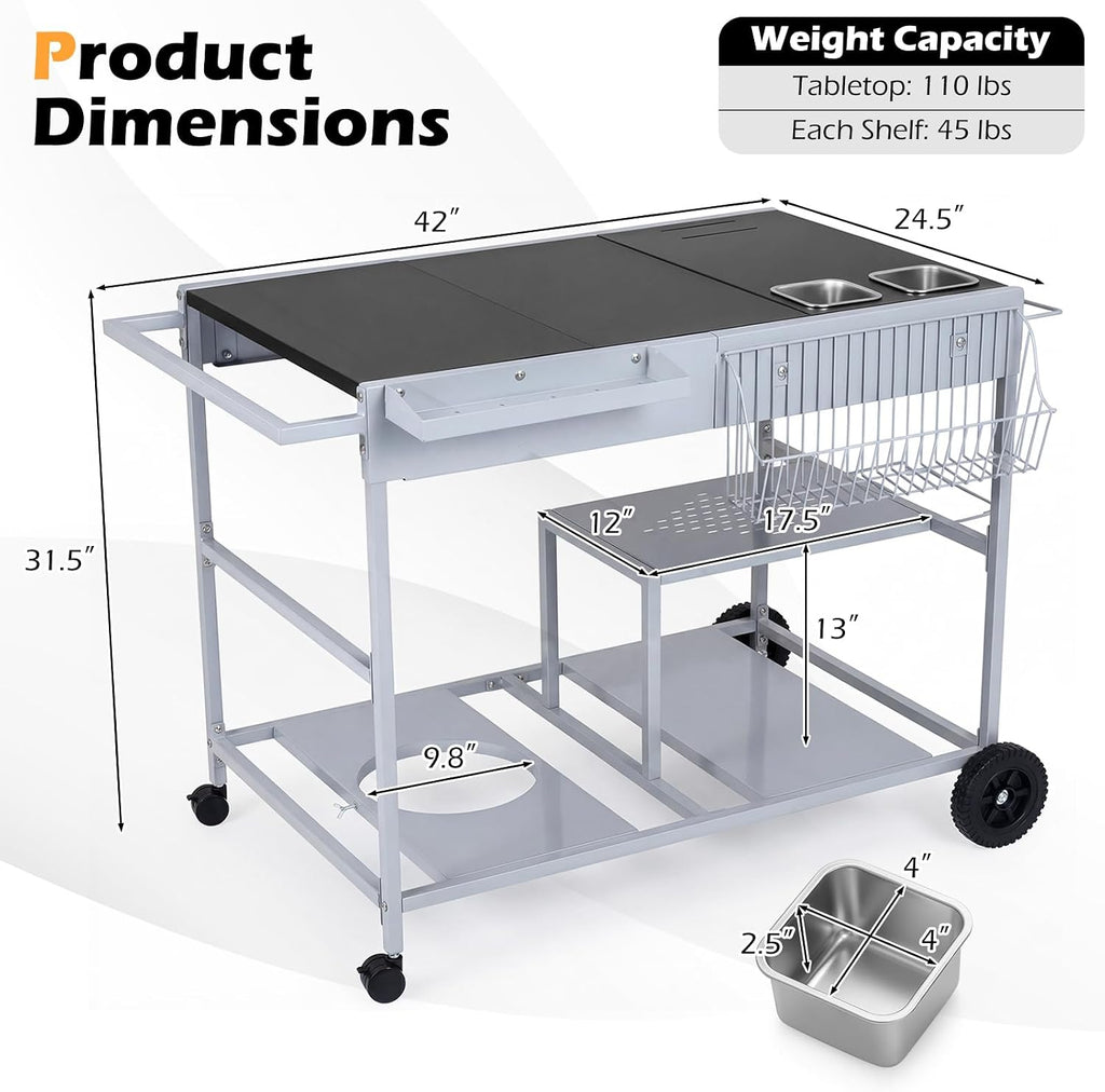 HAPPYGRILL Outdoor Grill Cart, Movable BBQ Pizza Oven Stand w/Lockable Wheels, Grill Tables w/Garbage Bag Holder, Removable Hooks, Portable Cooking Prep Table for BBQ Party