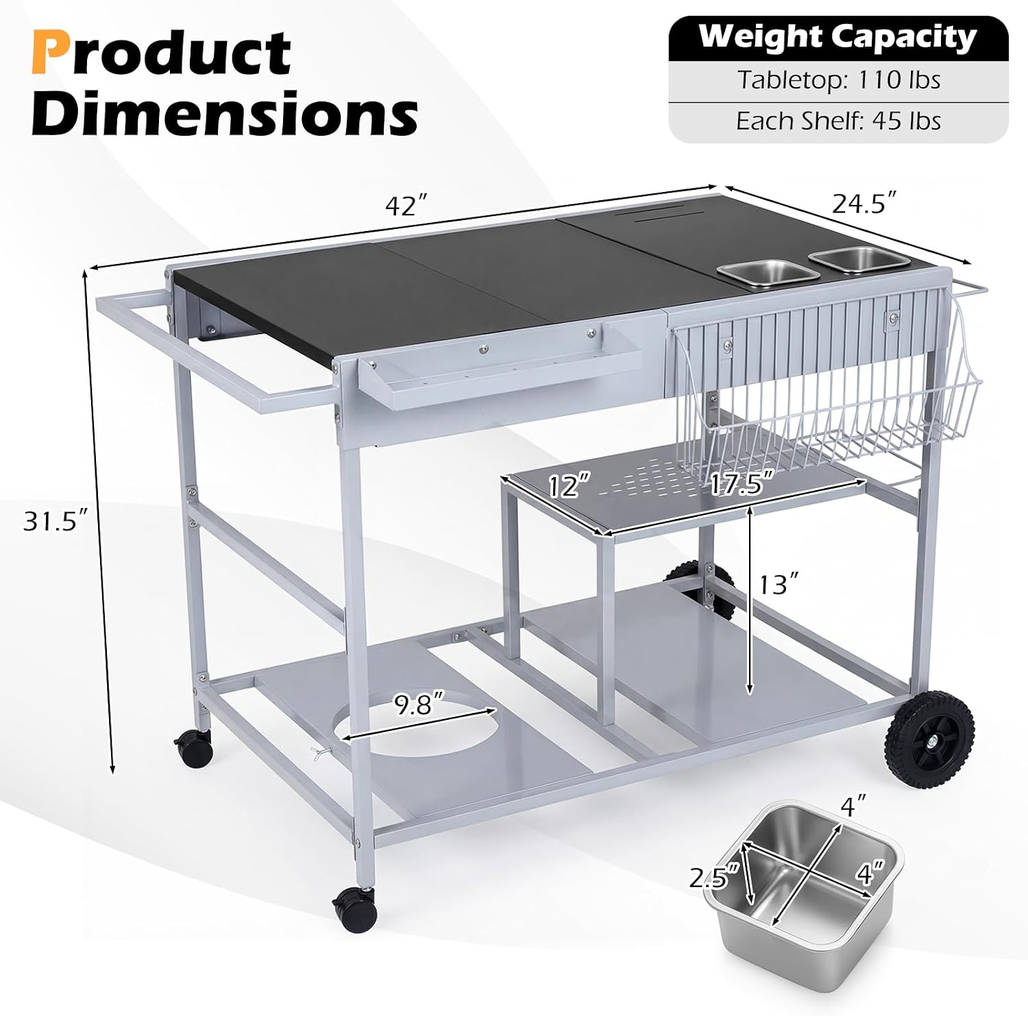HAPPYGRILL Outdoor Grill Cart, Movable BBQ Pizza Oven Stand w/Lockable Wheels, Grill Tables w/Garbage Bag Holder, Removable Hooks, Portable Cooking Prep Table for BBQ Party