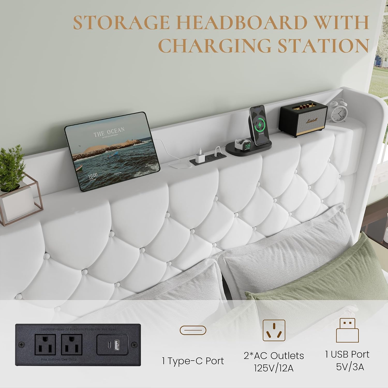 SHA CERLIN Full Size Platform Bed Frame with Charging Station, Velvet Wingback Headboard with Storage Shelf, Wooden Slats Support, Ample Under-Bed Space, No Box Spring Needed, Easy Assembly, White