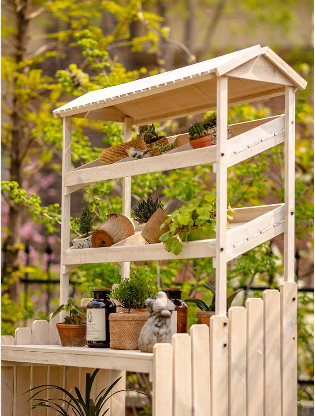 Potting Bench Table with Wheels, Wooden Garden Potting Table Work Table Workstation with 2 Tier Display Rack/Storage Shelf