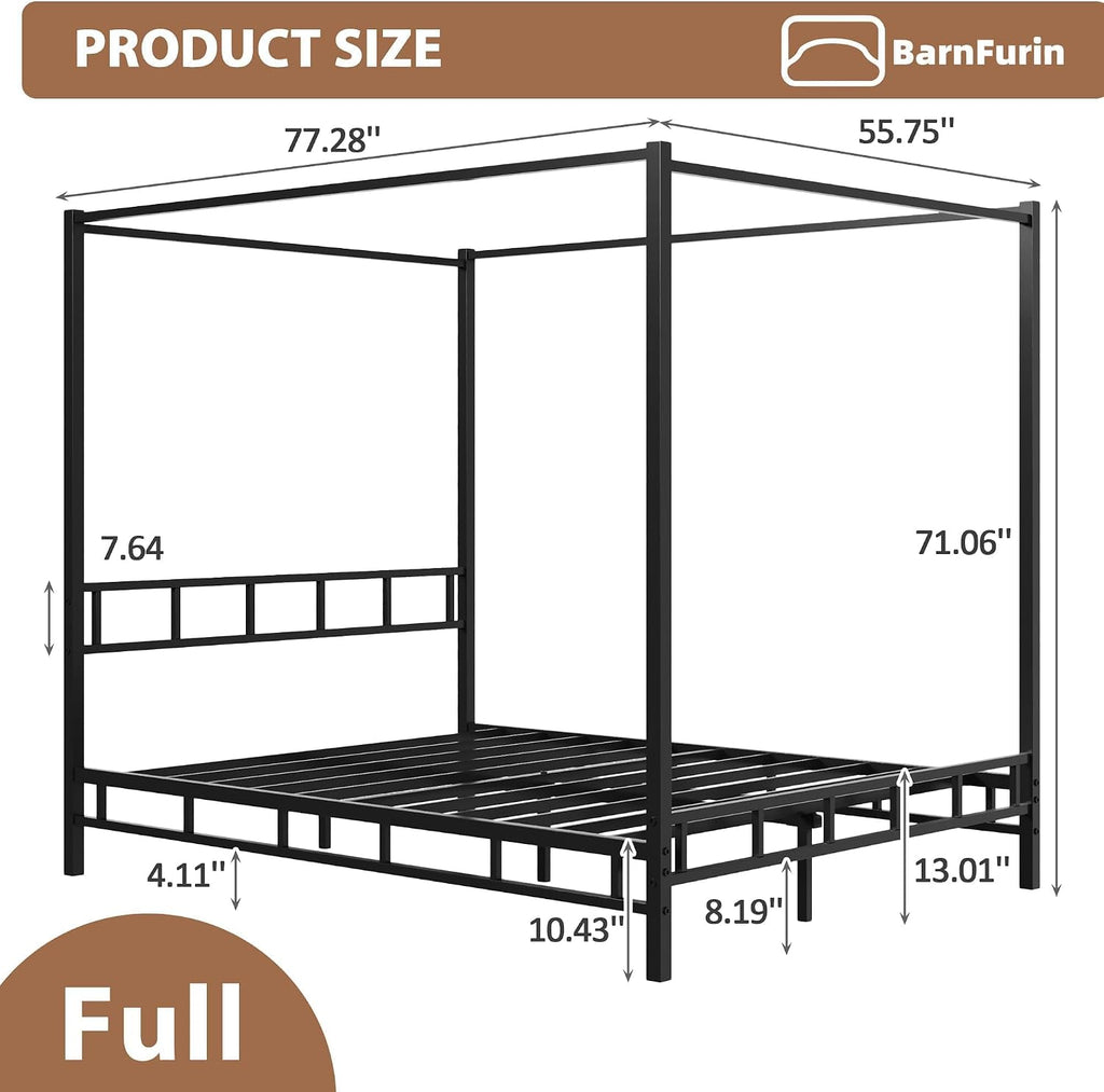 BarnFurin Full Size Metal Canopy Bed Frame,Mattress Foundation Platform with Metal Slats Support,Under-Bed Extra Storage No Box Spring Needed, Easy Assembly, Black