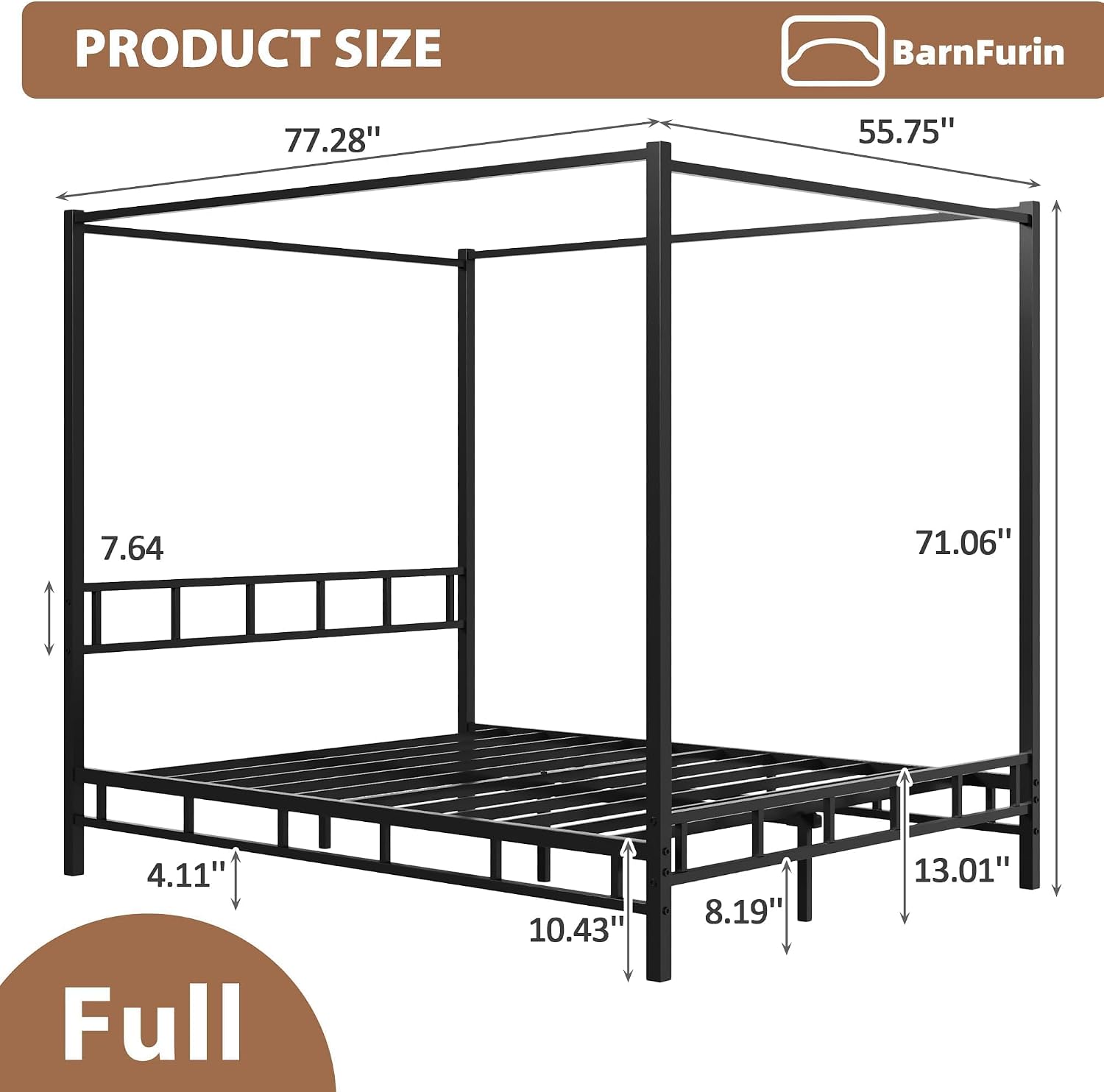 BarnFurin Full Size Metal Canopy Bed Frame,Mattress Foundation Platform with Metal Slats Support,Under-Bed Extra Storage No Box Spring Needed, Easy Assembly, Black
