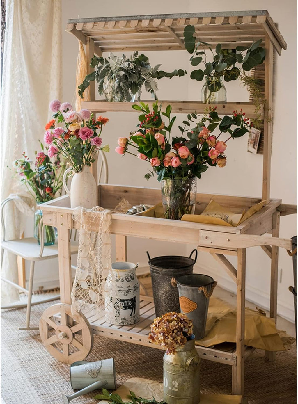 Outdoor Wooden Garden Potting Bench Decorate Plant Gardening Workstation Open Shelf for Flower Shop, Courtyard, Coffee Shop