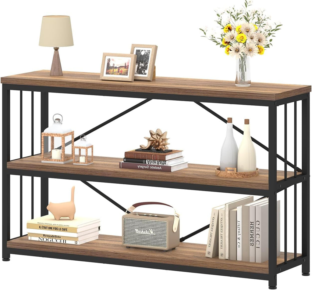 IBF 3 Tier Bookshelf Storage Organizer, Industrial Short Wide Open Horizontal Bookcase, Farmhouse Low Wood Metal Book Shelf for Office, Modern Vintage Etagere in Bedroom Living Room, Rustic Oak, 47 In