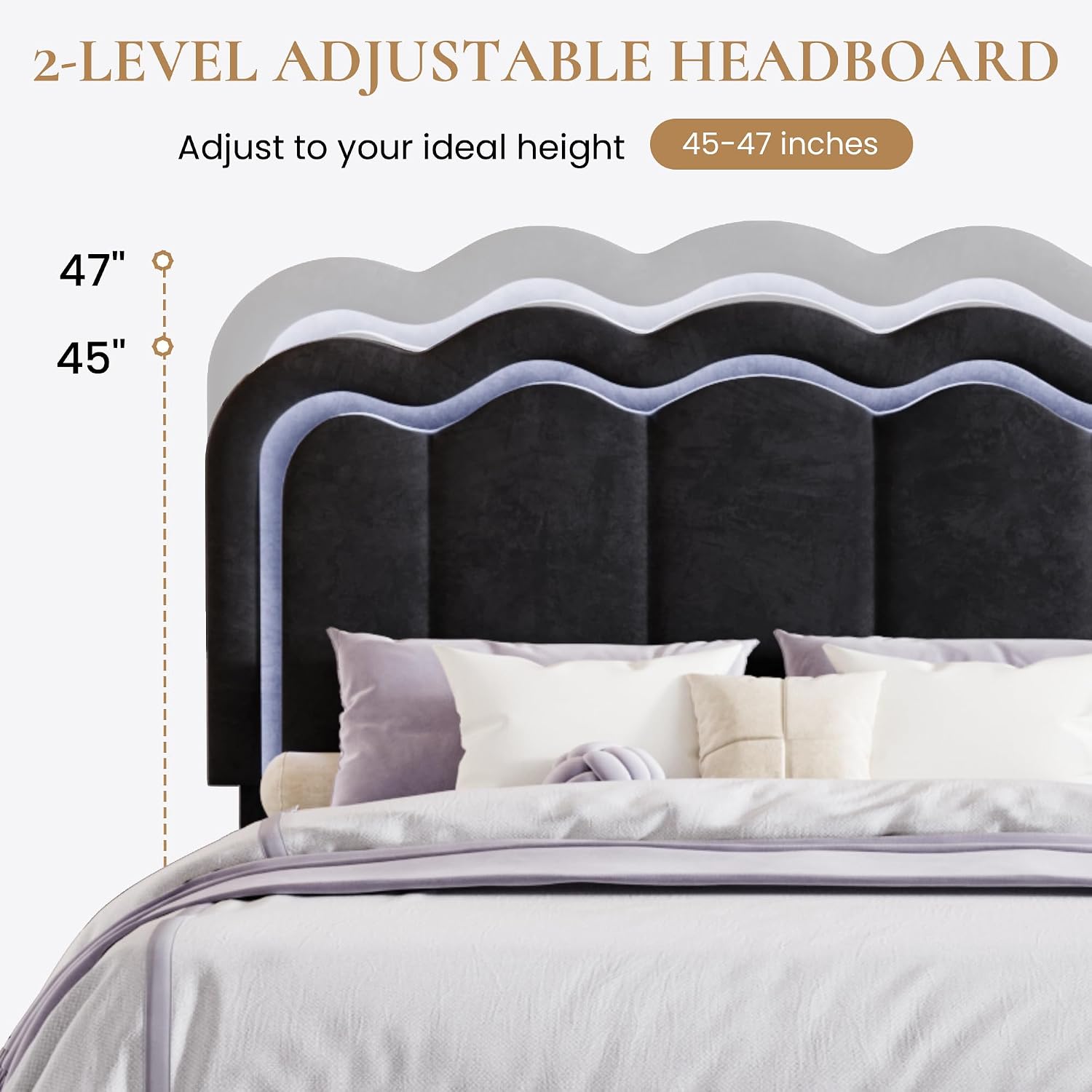 SHA CERLIN Upholstered Full Size Bed Frame with LED Lights and Large Storage Drawer, Velvet Platform Bed with Adjustable Wavy Headboard, Noise Free, Easy Assembly, No Box Spring Needed, Soft Black