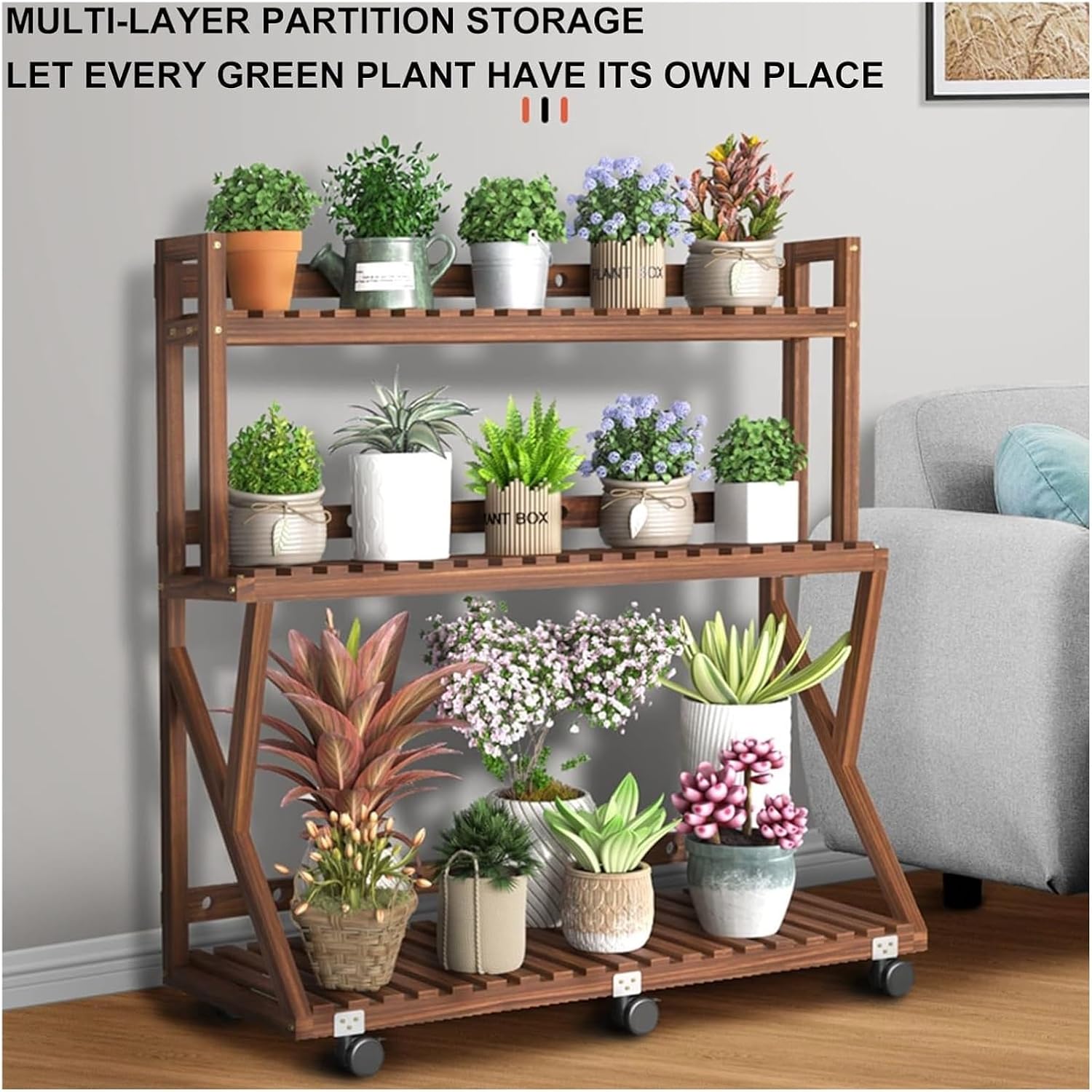 Potting Bench Table,Garden Potting Table, Plant Stands Outdoor Wooden Garden Shelf 3-Tier Plant Shelves with Universal Wheel for Patio Storage and Organizing Garden Items and Plant Accessories ( Color