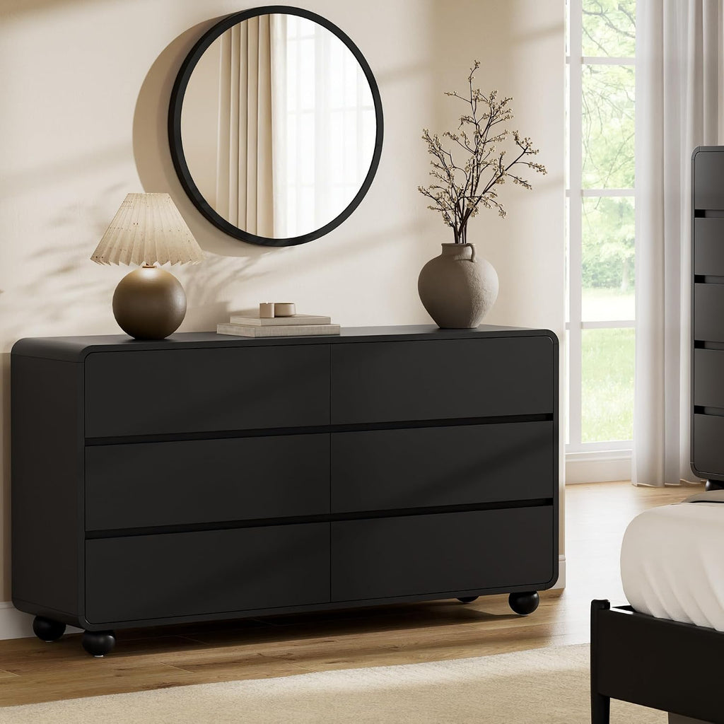 Lulive Wood Dresser for Bedroom, 53' Wide Chest of Drawers with 6 Drawers, Modern Closet Storage Drawer with Curved Profile Design for Living Room, Hallway, Entryway, Black
