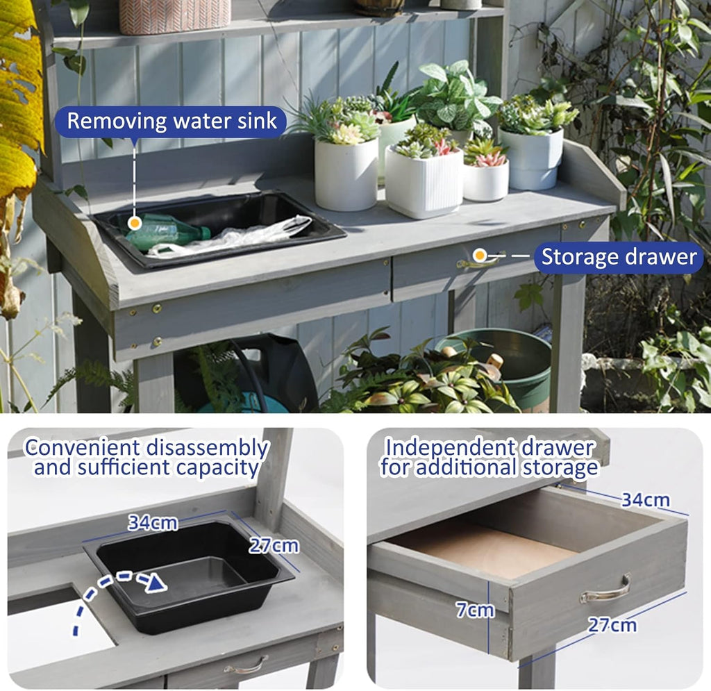 Drawer Rack Shelves Work Station Potting Table Work Bench Potting Table with Sink Garden Work Station Planting Bench (Grey 92x45x140cm)