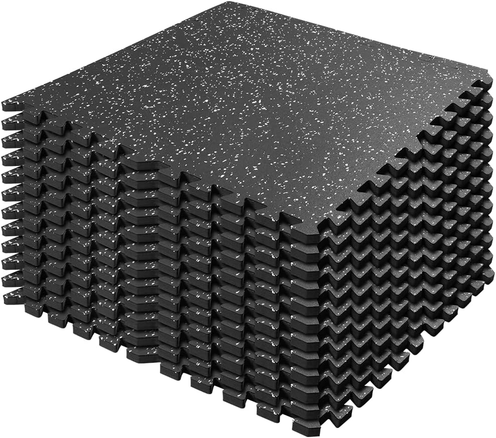 0.8in Thick 48 Sq Ft Gym Flooring for Home Gym, 12 Tiles Workout Exercise Equipment Mats, Rubber Top with EVA Foam, Interlocking Puzzle Floor Tiles for Fitness Room, Protective Flooring Mat