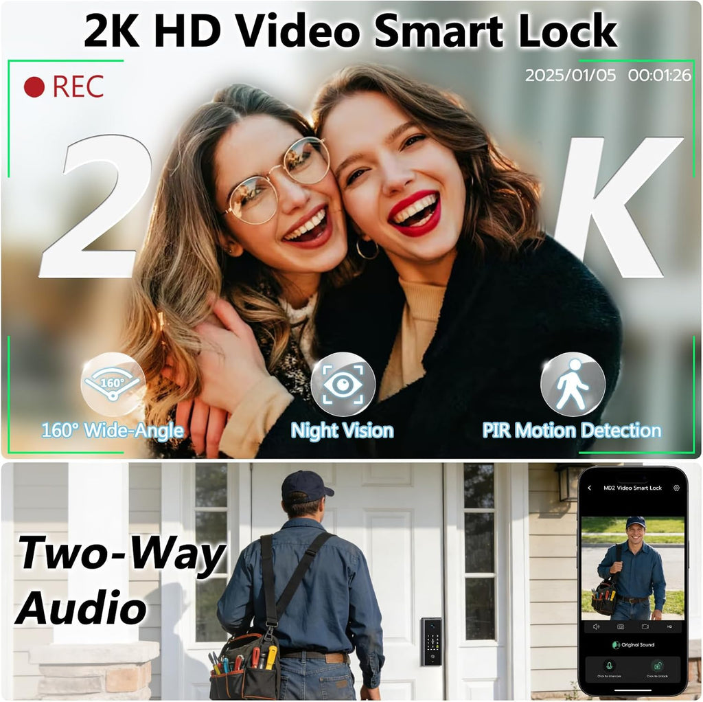 Eseesmart WiFi Video Smart Lock with Camera & Doorbell, Keyless Entry Door Lock with Smart Lock Sensor, 10000mAh Rechargeable Battery, Two-Way Audio, 8 Ways to Unlock, App Remote Control