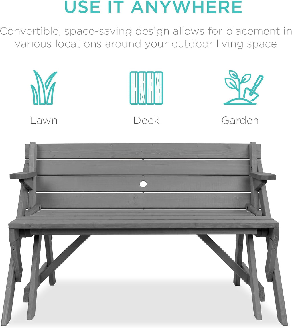 Best Choice Products 2-in-1 Transforming Interchangeable Outdoor Wooden Picnic Table Garden Bench for Backyard, Porch, Patio, Deck w/Umbrella Hole - Gray