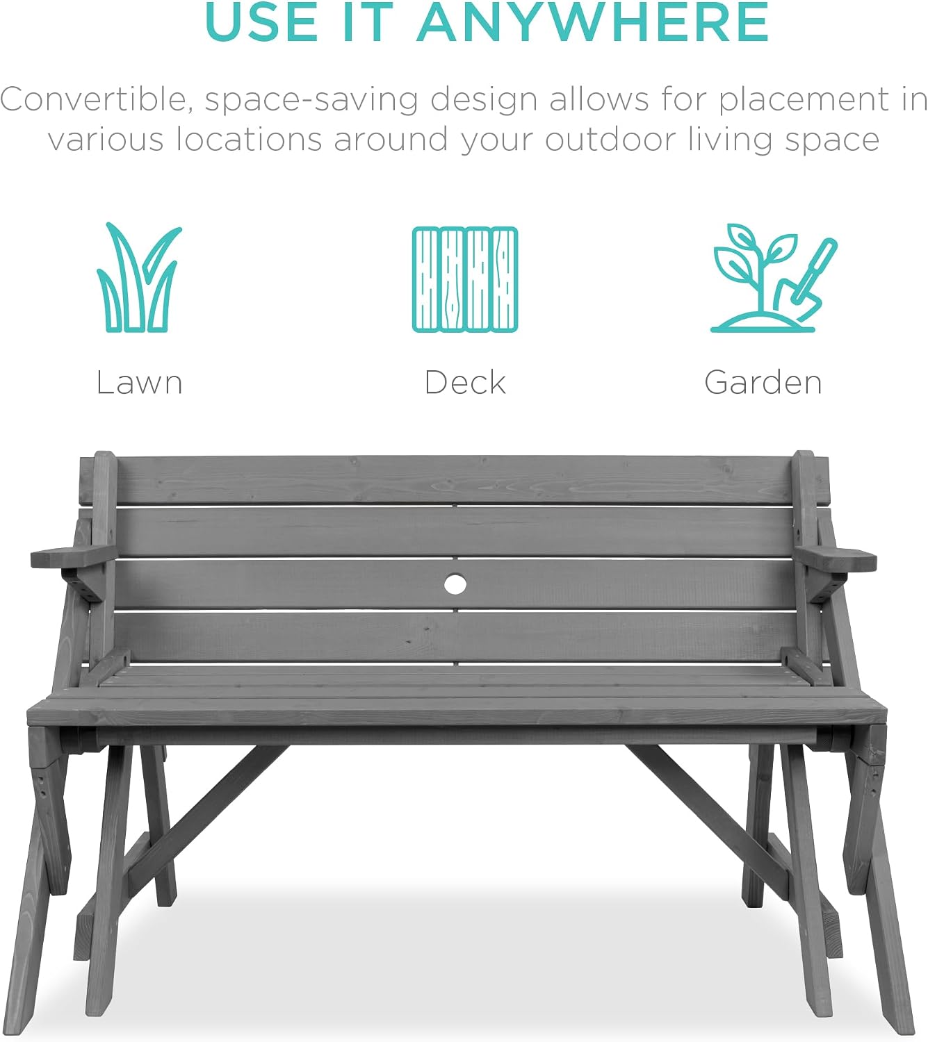 Best Choice Products 2-in-1 Transforming Interchangeable Outdoor Wooden Picnic Table Garden Bench for Backyard, Porch, Patio, Deck w/Umbrella Hole - Gray