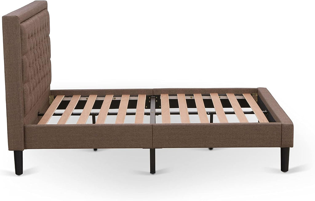 East West Furniture KDF-18-F Platform Full Bed Frame - Brown Linen Fabric Upholstered Bed Headboard with Button Tufted Trim Design - Black Legs