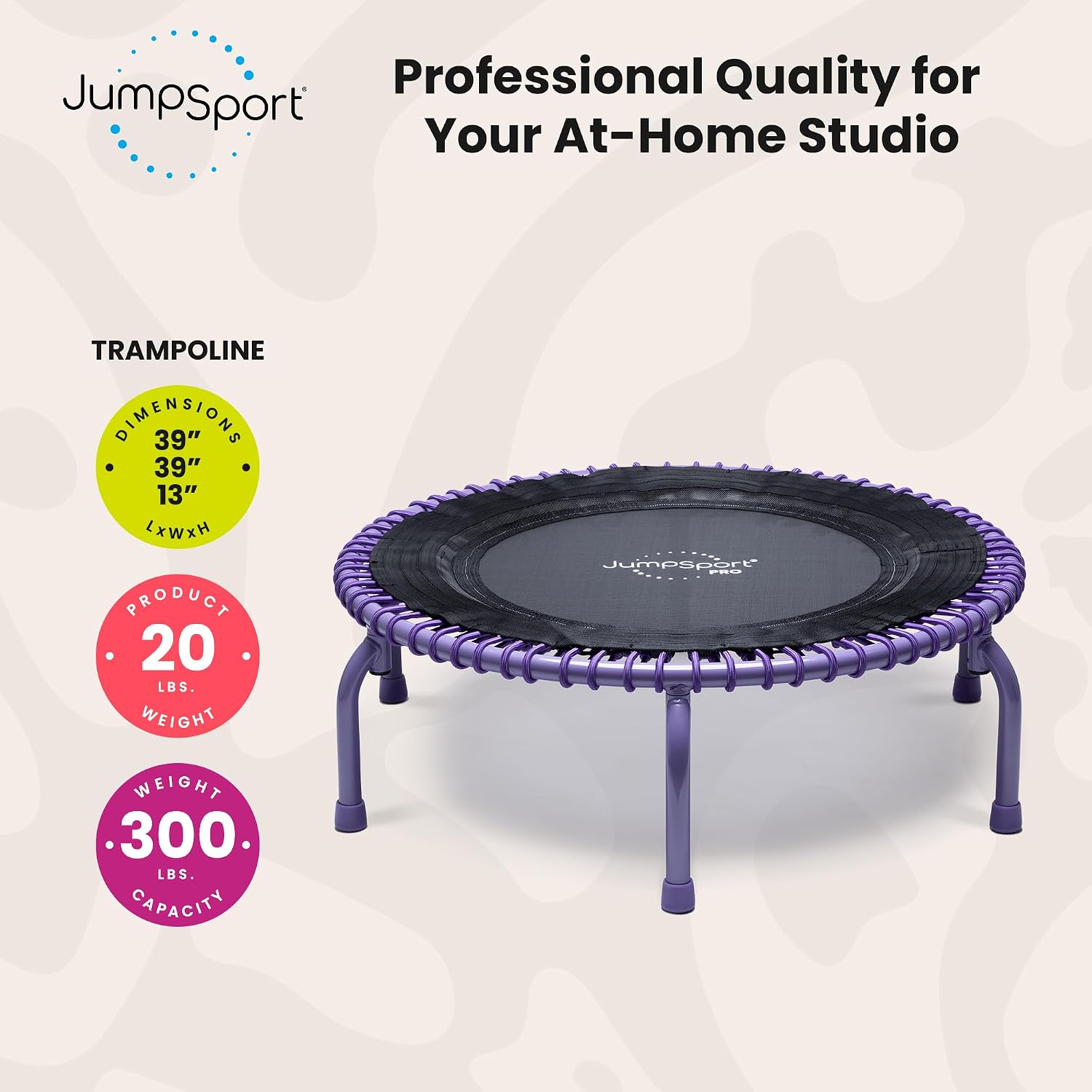 JumpSport 350 PRO 39 Inch Fitness Trampoline Indoor Rebounder Cardio Workout Equipment 300 lb Capacity