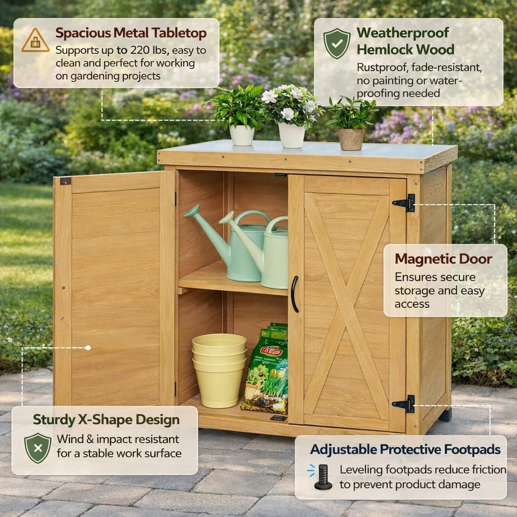 Potting Bench with Storage Cabinet & Metal Top, Solid Wood Hemlock Outdoor Work Station Table, X-Shape Sturdy Design, Magnetic Door, Gray/Light Brown, 31'x17'x36' (Light Brown)