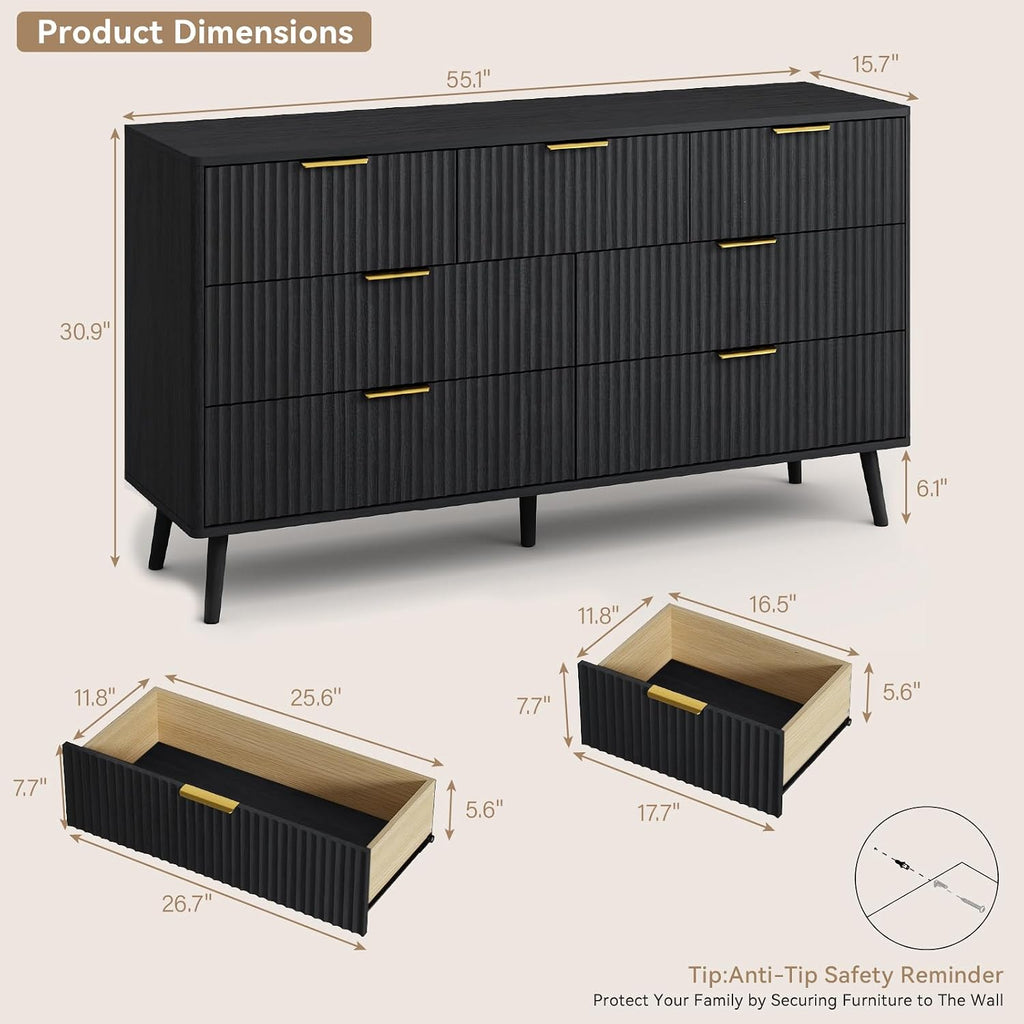 CARPETNAL Fluted 7 Drawer Dresser for Bedroom, 55' Wide Wooden Chest of Drawers with Rounded Corners, Gold Handles, Modern Storage Organizer for Bedroom, Hallway(Black)