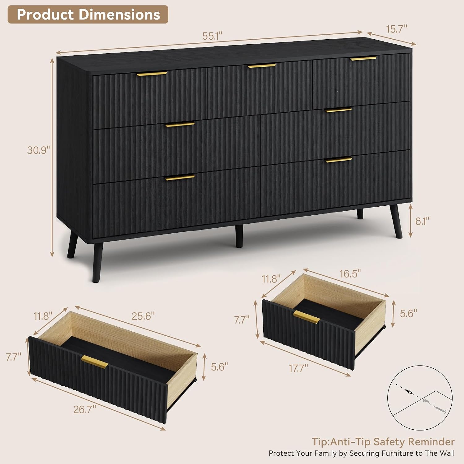 CARPETNAL Fluted 7 Drawer Dresser for Bedroom, 55' Wide Wooden Chest of Drawers with Rounded Corners, Gold Handles, Modern Storage Organizer for Bedroom, Hallway(Black)