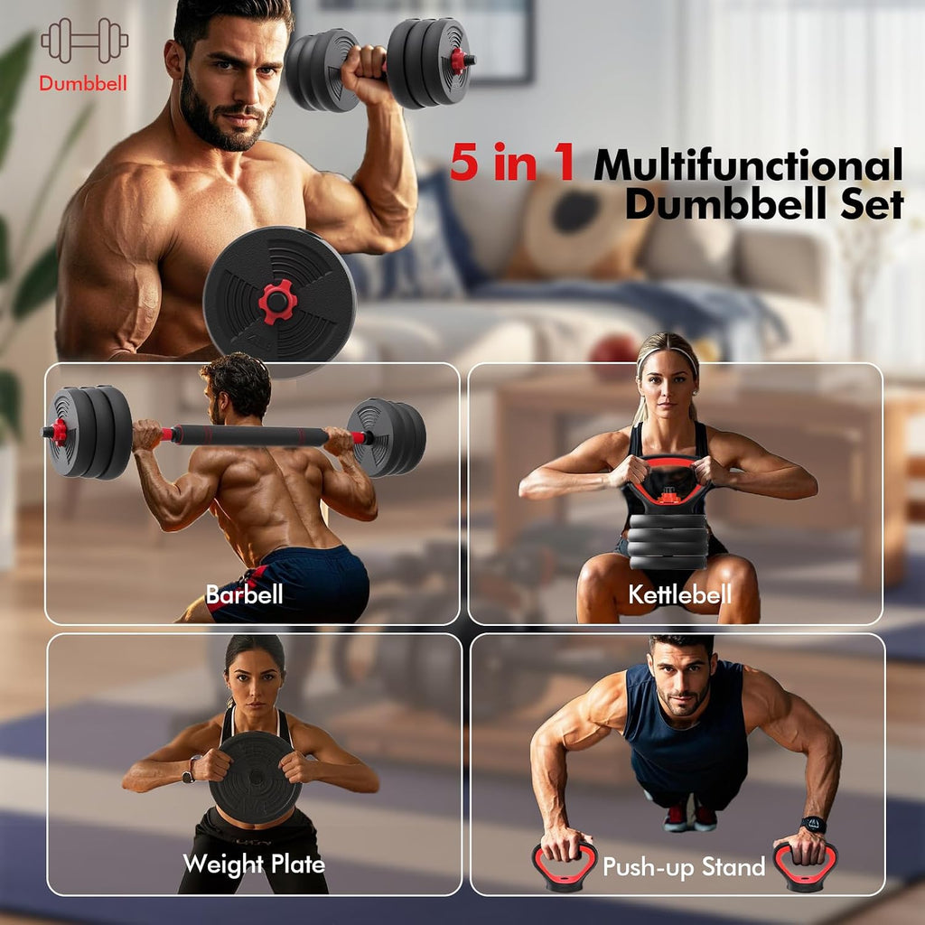 Cloudfire Adjustable Dumbbells Set, 60LB Free Weights set with Connector, 5 in 1 Dumbbell Set used as Kettlebells, Barbell, Push up Stand, Fitness Exercise for Home Gym Suitable Men/Women