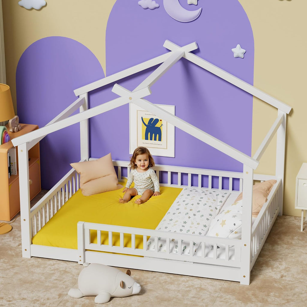 LLS Full Size House Bed with Fence, Wooden Montessori Bed with Slats Support, Floor Bed Frame for Boys Girls Bedroom, White