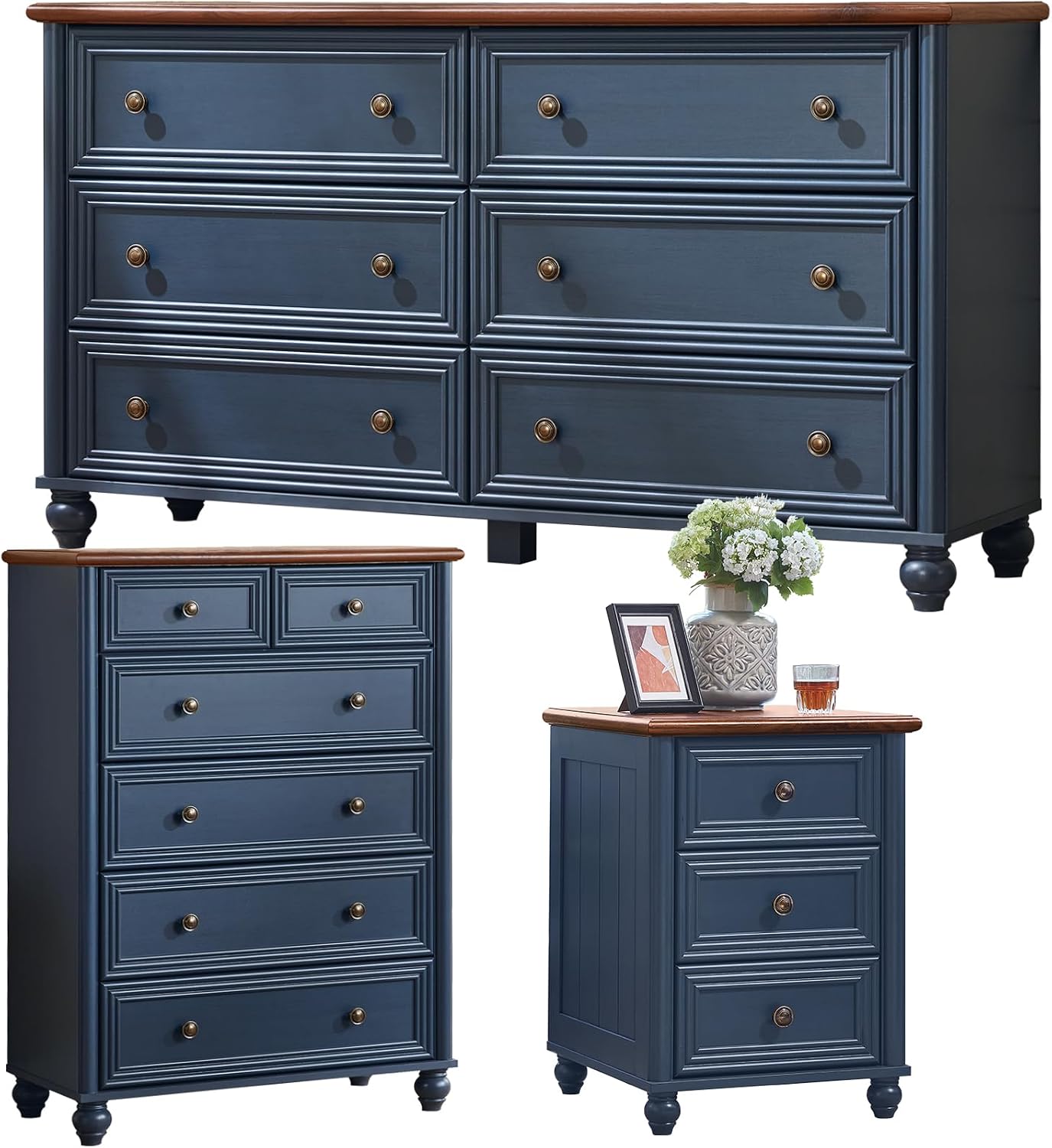 Farmhouse Dressers & Night Stand Set of 3, Wood 54' Wide Dresser & 43.5'Tall Chest of Drawers, 18' Roman Column Nightstand, Bedroom Furniture 6 Drawer Dresser Set for Bedroom Home Living Room Hallway