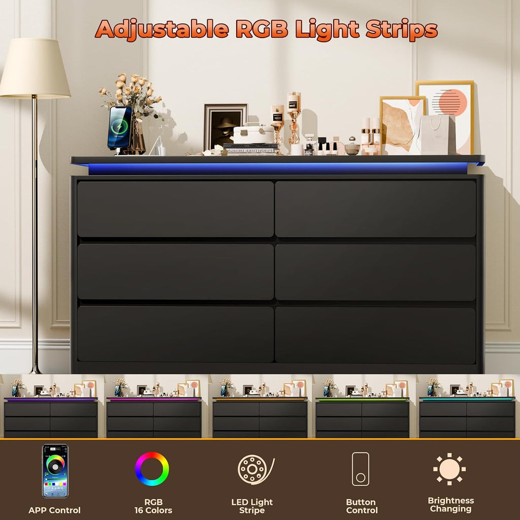 6 Drawer Dresser for Bedroom, 47.2' Long Black Chest of Drawers with Charging Station & LED Lights,Curved Profile Design,Double Wooden Closet Storage Cabinet,Modern Dresser TV Stand with Deep Drawers