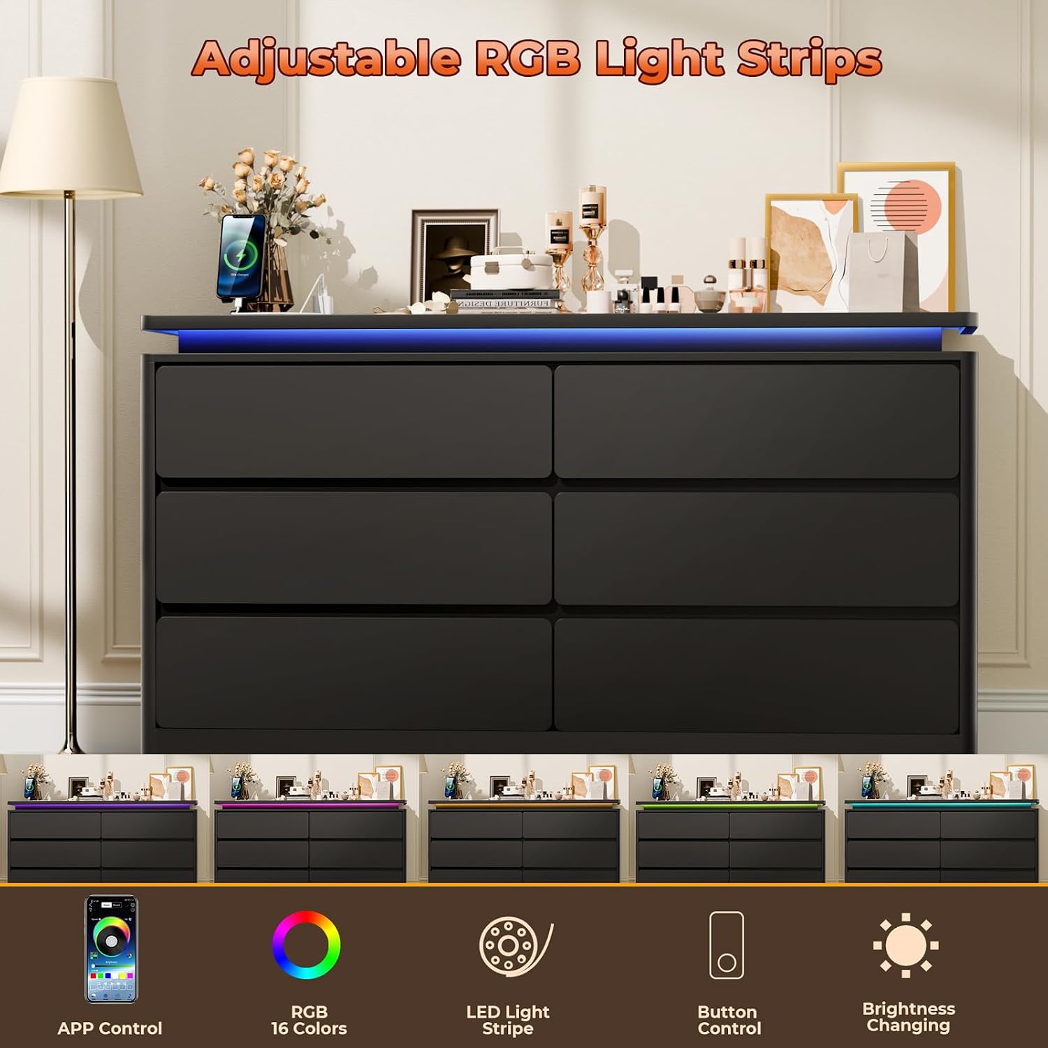 6 Drawer Dresser for Bedroom, 47.2' Long Black Chest of Drawers with Charging Station & LED Lights,Curved Profile Design,Double Wooden Closet Storage Cabinet,Modern Dresser TV Stand with Deep Drawers